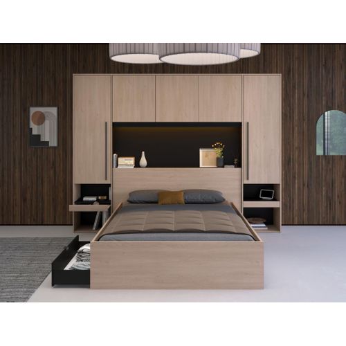 Pont De Lit Avec Rangements - Avec LEDs - L265 Cm - Coloris : Naturel Et Noir - Velona