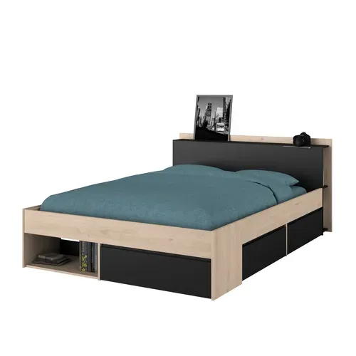 Lit 140x190/200 cm avec rangements PUZZLE imitation chêne et noir