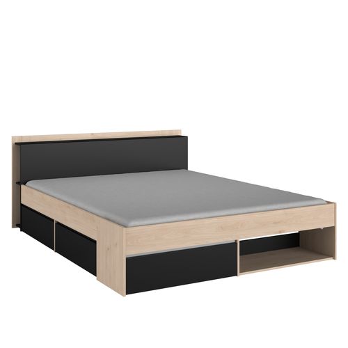 Lit 140x190/200 cm avec rangements PUZZLE imitation chêne et noir