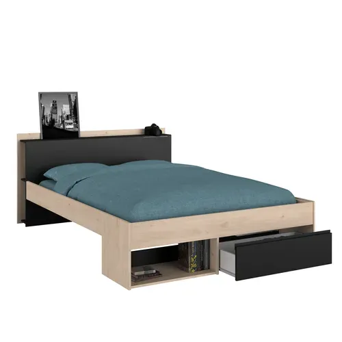 Lit 140x190/200 cm avec rangements PUZZLE imitation chêne et noir