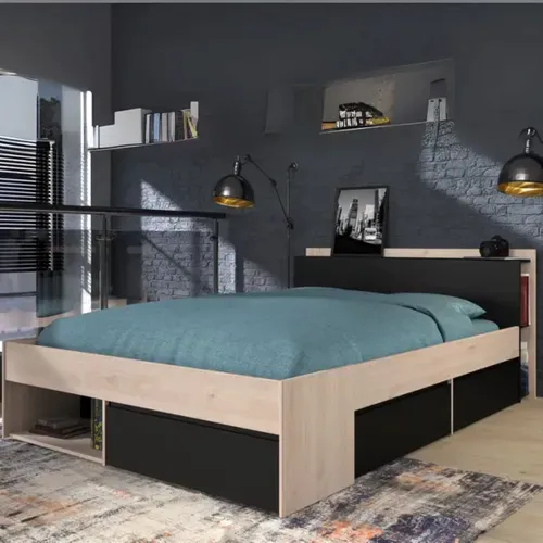 Lit 160x200 cm avec rangements PUZZLE imitation chêne et noir