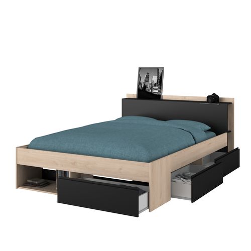 Lit 160x200 cm avec rangements PUZZLE imitation chêne et noir