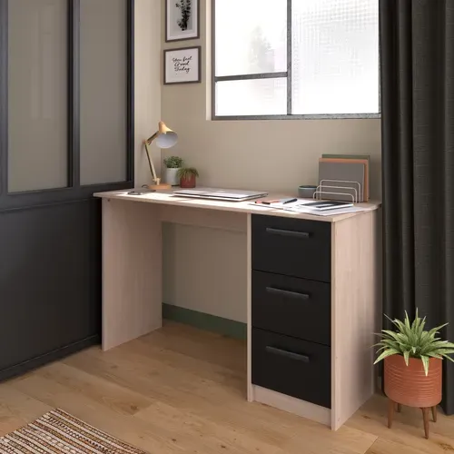 Bureau droit 3 tiroirs INDIRA imitation chêne et noir vue d'ambiance 1