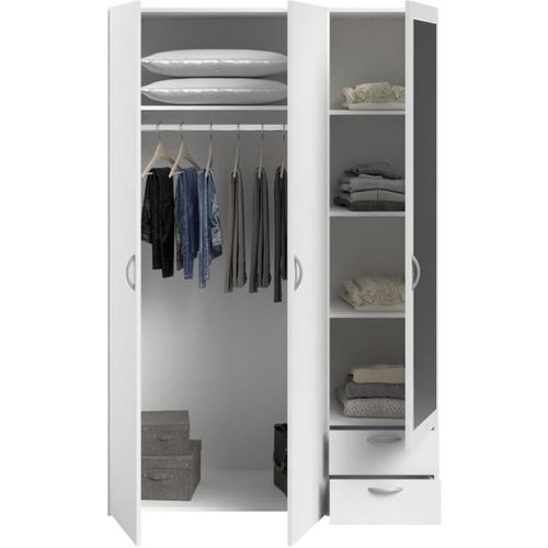 Ensemble Chambre Blanc Mat 140x190 - Lit Tiroirs, Armoire 3 Portes Miroir Et 2 Chevets