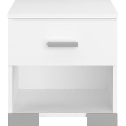Ensemble Chambre Blanc Mat 140x190 - Lit Tiroirs, Armoire 3 Portes Miroir Et 2 Chevets