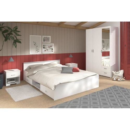 Ensemble Chambre Blanc Mat 140x190 - Lit Tiroirs, Armoire 3 Portes Miroir Et 2 Chevets