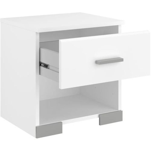 Ensemble Chambre Blanc Mat 140x190 - Lit Tiroirs, Armoire 3 Portes Miroir Et 2 Chevets