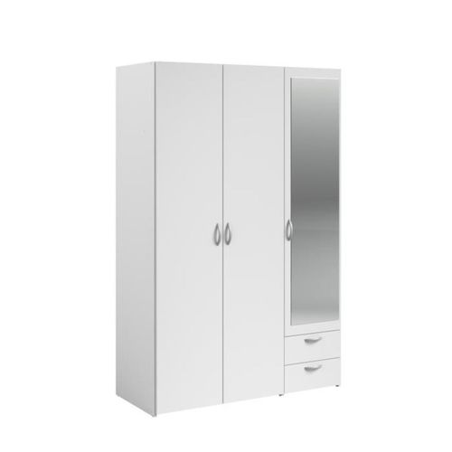 Ensemble Chambre Blanc Mat 140x190 - Lit Tiroirs, Armoire 3 Portes Miroir Et 2 Chevets