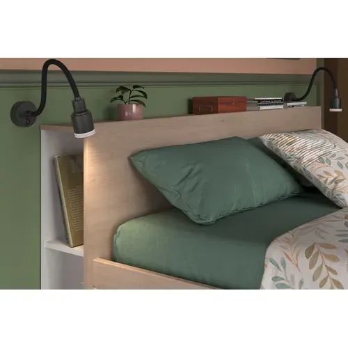 Lit 140x190 cm avec 2 tiroirs tête de lit LODGE imitation chêne et blanc et