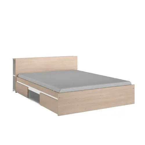 Lit 140x190 cm avec 2 tiroirs tête de lit LODGE imitation chêne et blanc et