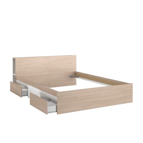 Lit 140x190 cm avec 2 tiroirs tête de lit LODGE imitation chêne et blanc et