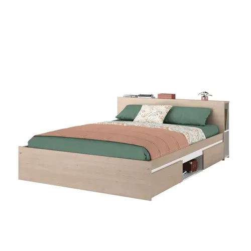 Lit 140x190 cm avec 2 tiroirs tête de lit LODGE imitation chêne et blanc et