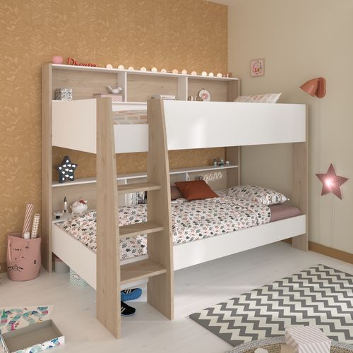 Lit superposé 90x200 cm SHELTER Blanc et imitation chêne