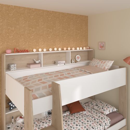 Lit superposé 90x200 cm SHELTER Blanc et imitation chêne