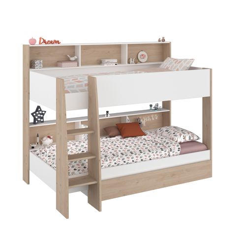 Lit superposé 90x200 cm SHELTER Blanc et imitation chêne