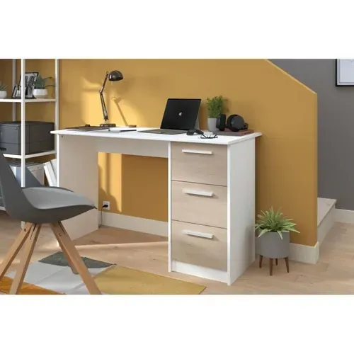 Bureau droit 3 tiroirs INDIRA imitation chêne et blanc
