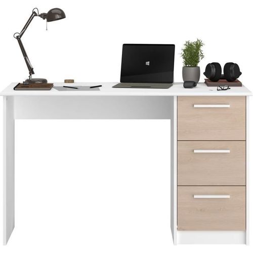 Bureau droit 3 tiroirs INDIRA imitation chêne et blanc