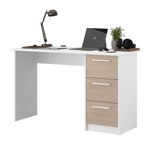 Bureau droit 3 tiroirs INDIRA imitation chêne et blanc