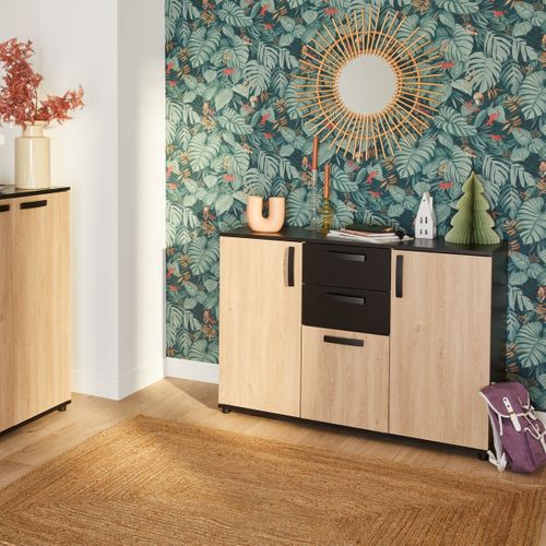 Rangement 3 portes 2 tiroirs CELEST imitation chêne et noir