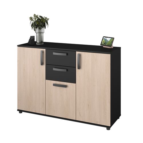 Rangement 3 portes 2 tiroirs CELEST imitation chêne et noir