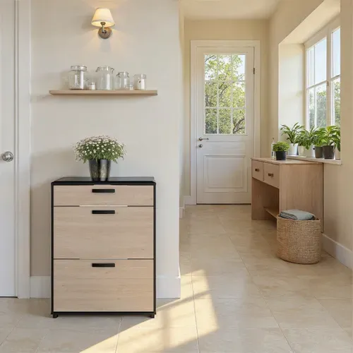 Meuble à chaussures 2 CELEST abattants décor chêne et noir vue d'ambiance 1