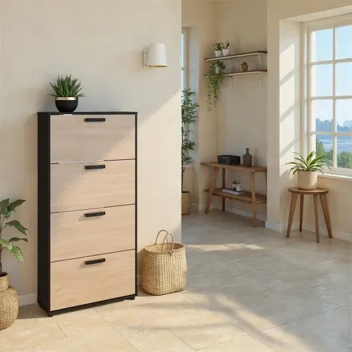 Meuble à chaussures 4 abattants CELEST imitation chêne et noir