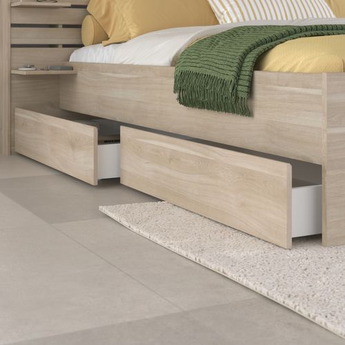 Lit avec tiroirs 160x200 cm et tête de lit avec étagères ESCALE imitation chêne