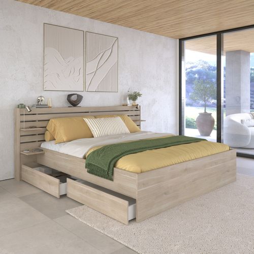 Lit avec tiroirs 160x200 cm et tête de lit avec étagères ESCALE imitation chêne