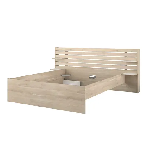 Lit avec tiroirs 160x200 cm et tête de lit avec étagères ESCALE imitation chêne