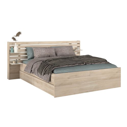 Lit avec tiroirs 160x200 cm et tête de lit avec étagères ESCALE imitation chêne