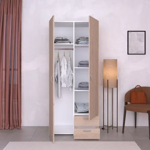 Armoire 2 portes 2 tiroirs L. 80 cm DAILY imitation chêne vue d'ambiance 1