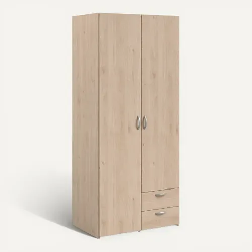 Armoire 2 portes 2 tiroirs L. 80 cm DAILY imitation chêne vue 3/4