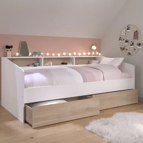 Lit banquette 90x190 ou 90x200 cm avec 2 tiroirs SLEEP imitation chêne et blanc. vue d'ambiance 1