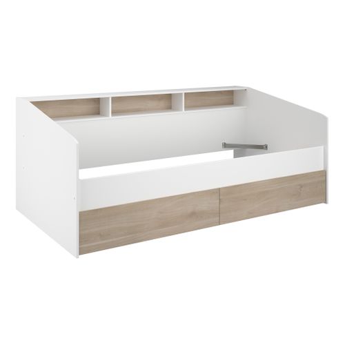 Lit banquette 90x190 ou 90x200 cm avec 2 tiroirs SLEEP imitation chêne et blanc.