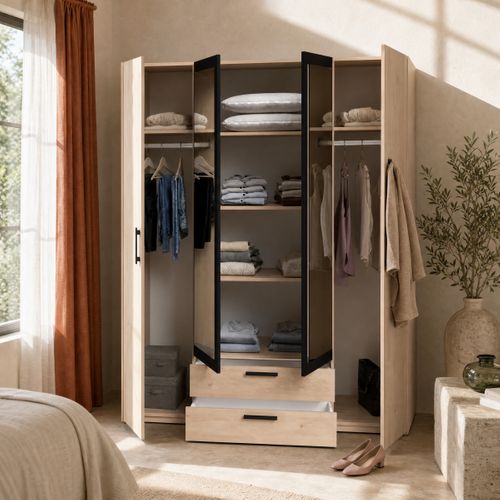 Armoire 4 portes 2 tiroirs L. 160 cm DAILY imitation chêne et noir
