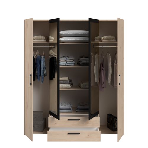 Armoire 4 portes 2 tiroirs L. 160 cm DAILY imitation chêne et noir