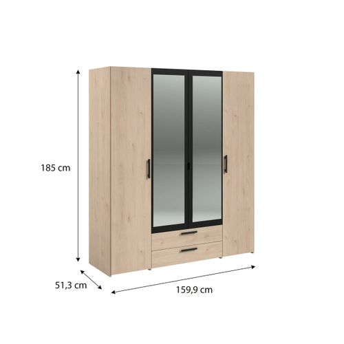 Armoire 4 portes 2 tiroirs L. 160 cm DAILY imitation chêne et noir