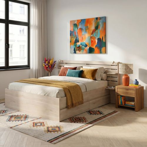 Lit avec rangements 180x200 cm ESCALE imitation chêne vue d'ambiance 1