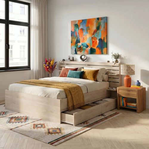 Lit avec rangements 180x200 cm ESCALE imitation chêne
