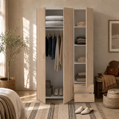 Armoire 3 portes 2 tiroirs L. 120 cm DAILY imitation chêne