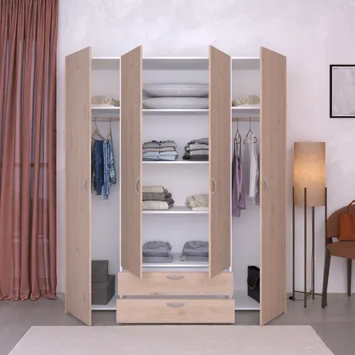 Armoire 4 portes 2 tiroirs L. 160 cm DAILY imitation chêne