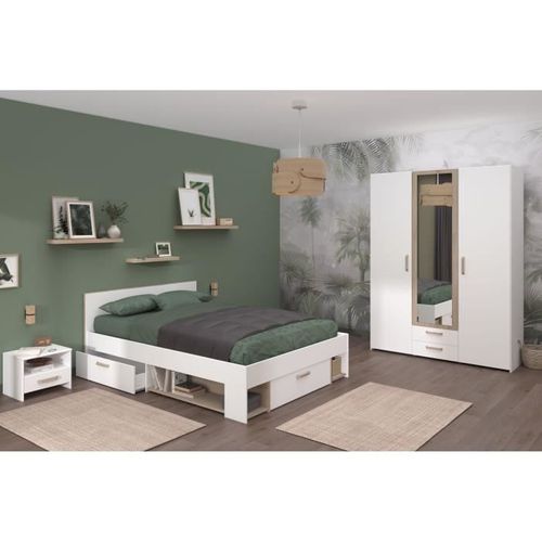 Chambre Complete Adulte - Dream - Lit 140x190/200 Cm + 2 Chevets + Armoire - Décor Blanc Et Chene -