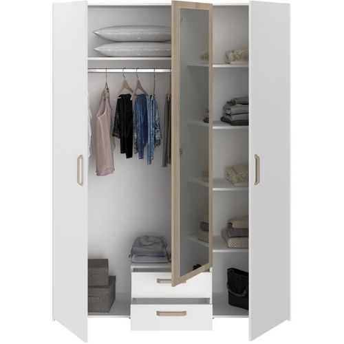 Chambre Complete Adulte - Dream - Lit 140x190/200 Cm + 2 Chevets + Armoire - Décor Blanc Et Chene -