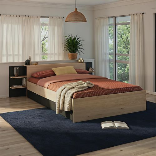 Lit 140x190/200 avec rangements ORNELLA imitation chêne et noir vue d'ambiance 1
