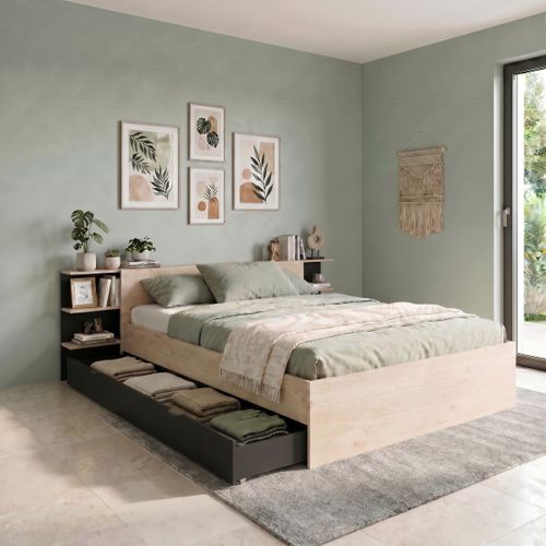 Lit 140x190/200 avec rangements ORNELLA imitation chêne et noir