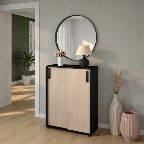 Rangement 2P coulissantes CELEST imitation chêne et noir vue d'ambiance 1