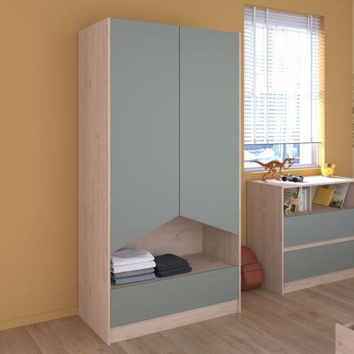 Armoire 2 portes et 1 tiroir SHELTER Imitation chêne et vert