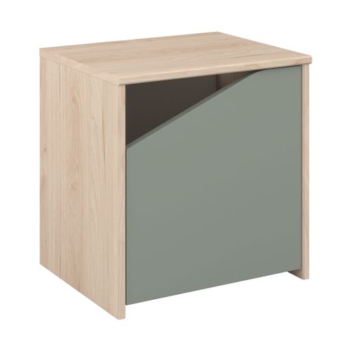 Chevet 1 porte SHELTER imitation chêne et vert vue 3/4