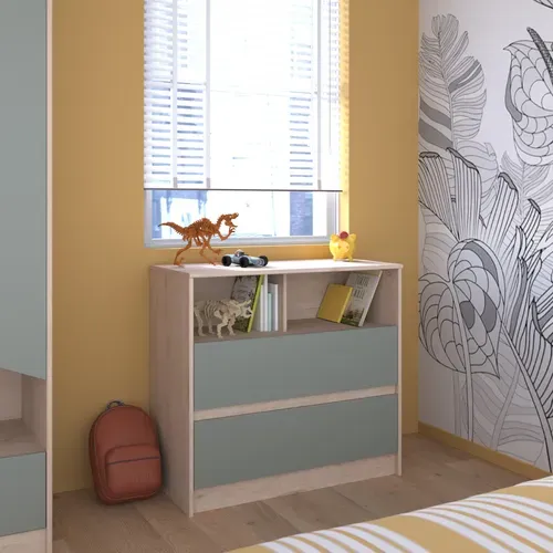 Commode 2 tiroirs et 2 niches SHELTER Imitation chêne et vert vue d'ambiance 1