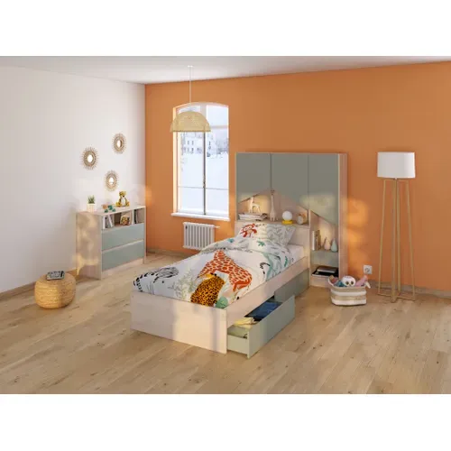 Commode 2 tiroirs et 2 niches SHELTER Imitation chêne et vert